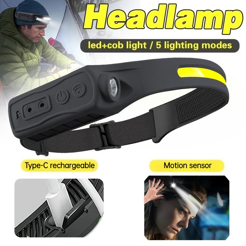 Outdoor Lighting Sensor - Leistungsstarke COB-LED-Sensor-Stirnlampe, wiederaufladbare Kopf-Taschenlampe, 5 Beleuchtungsmodi,